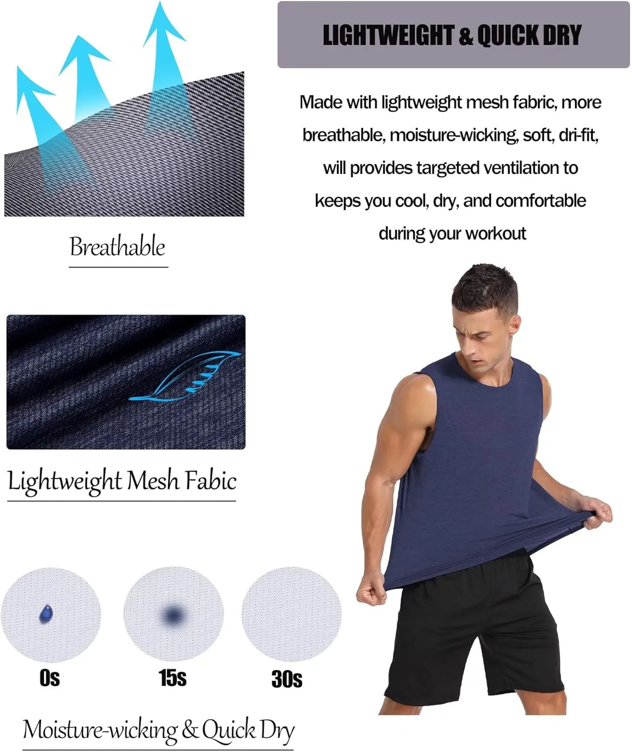 Amussiar Men's 3 Pack Workout Tank Tops Mesh Gym Sleeveless Dry Fit Bodybuilding Shirts Fitness Athletic Muscle Tee