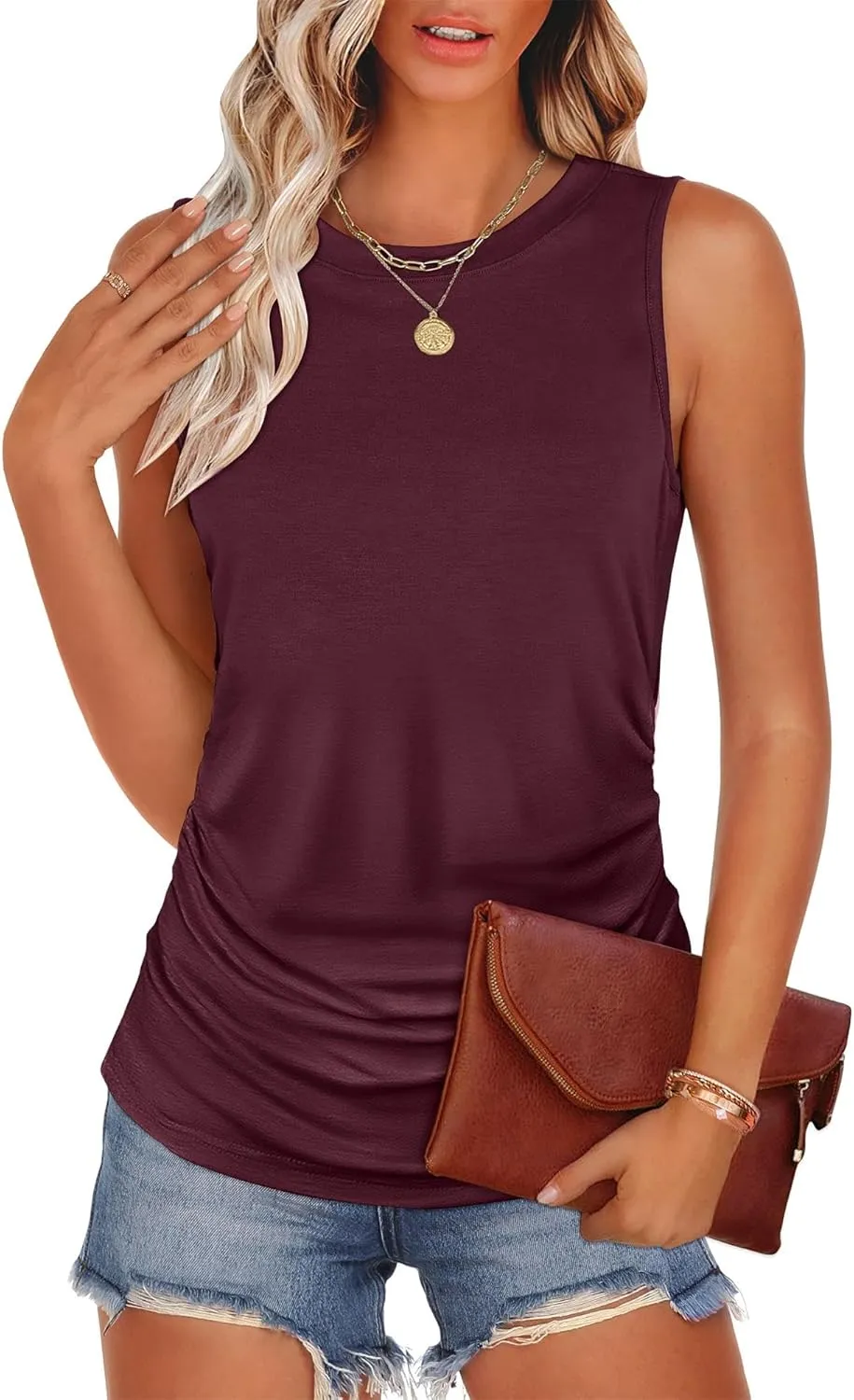 ANRABESS Tank Top for Women Casual Loose Fit Sleeveless Crewneck Ruched Basic Tee Shirts 2025 Summer Trendy Outfits