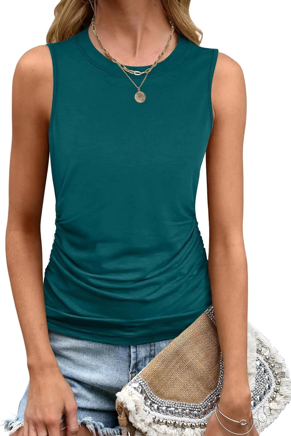 ANRABESS Tank Top for Women Casual Loose Fit Sleeveless Crewneck Ruched Basic Tee Shirts 2025 Summer Trendy Outfits