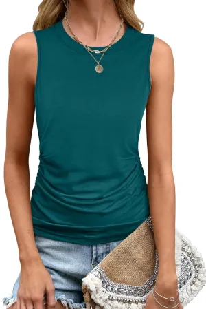 ANRABESS Tank Top for Women Casual Loose Fit Sleeveless Crewneck Ruched Basic Tee Shirts 2025 Summer Trendy Outfits