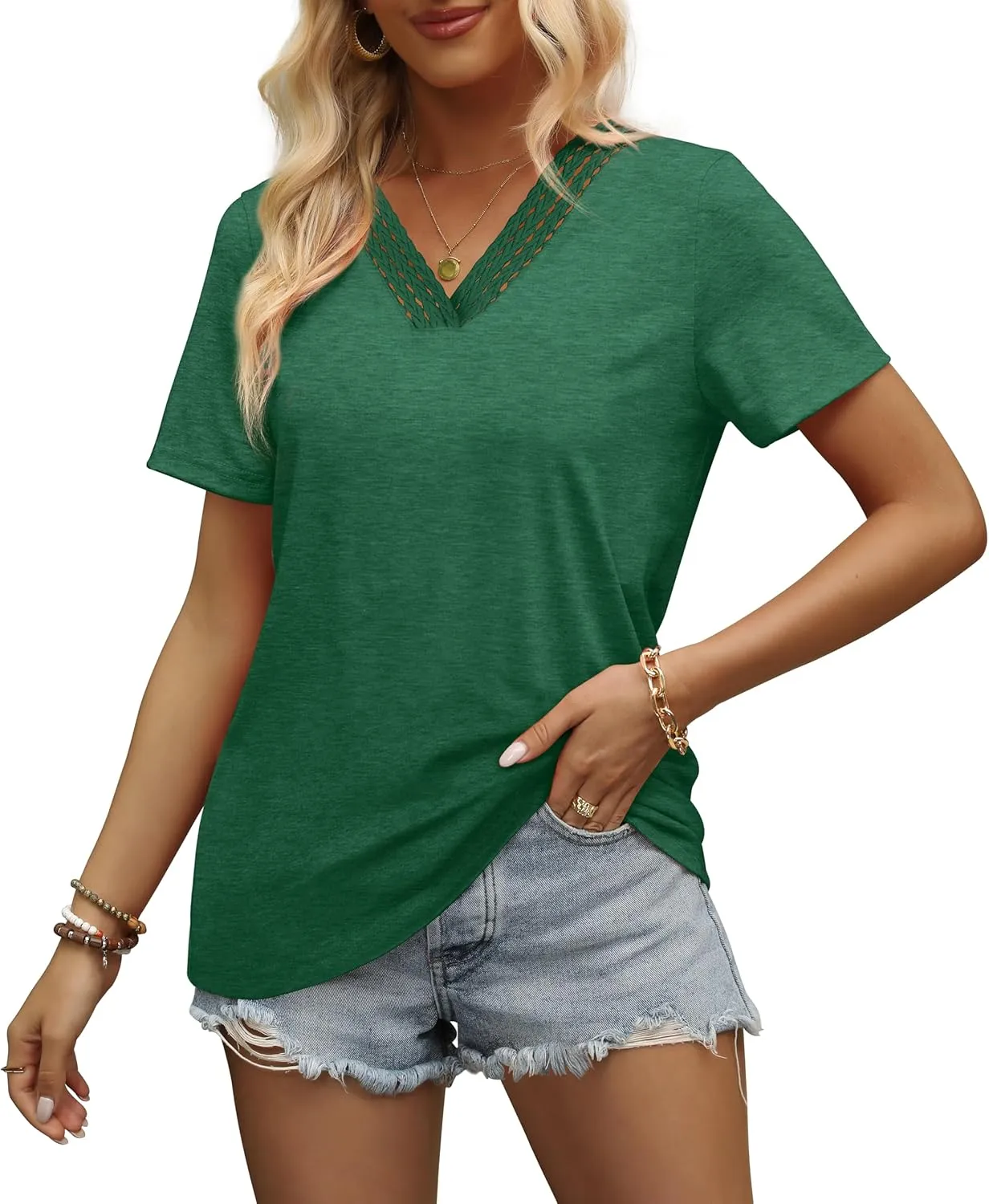Aokosor Womens Summer Tops 2025 Trendy Crochet V Neck Tee Shirts Short Sleeve Casual