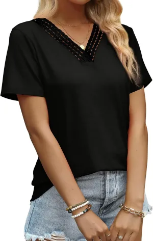 Aokosor Womens Summer Tops 2025 Trendy Crochet V Neck Tee Shirts Short Sleeve Casual