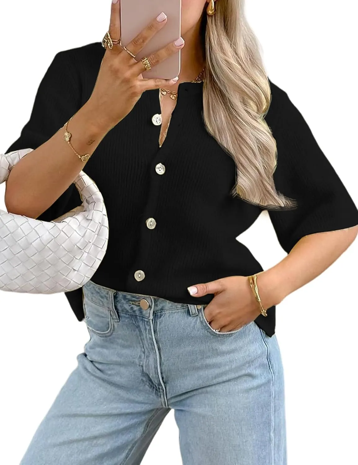 Arssm Women's Knitted Crop Cardigan Y2k Short Sleeve Button Down Cardigan Shirt Ribbed Knit Solid Color Lightweight Outwear
