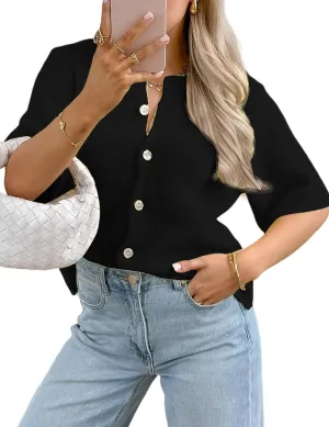 Arssm Women's Knitted Crop Cardigan Y2k Short Sleeve Button Down Cardigan Shirt Ribbed Knit Solid Color Lightweight Outwear