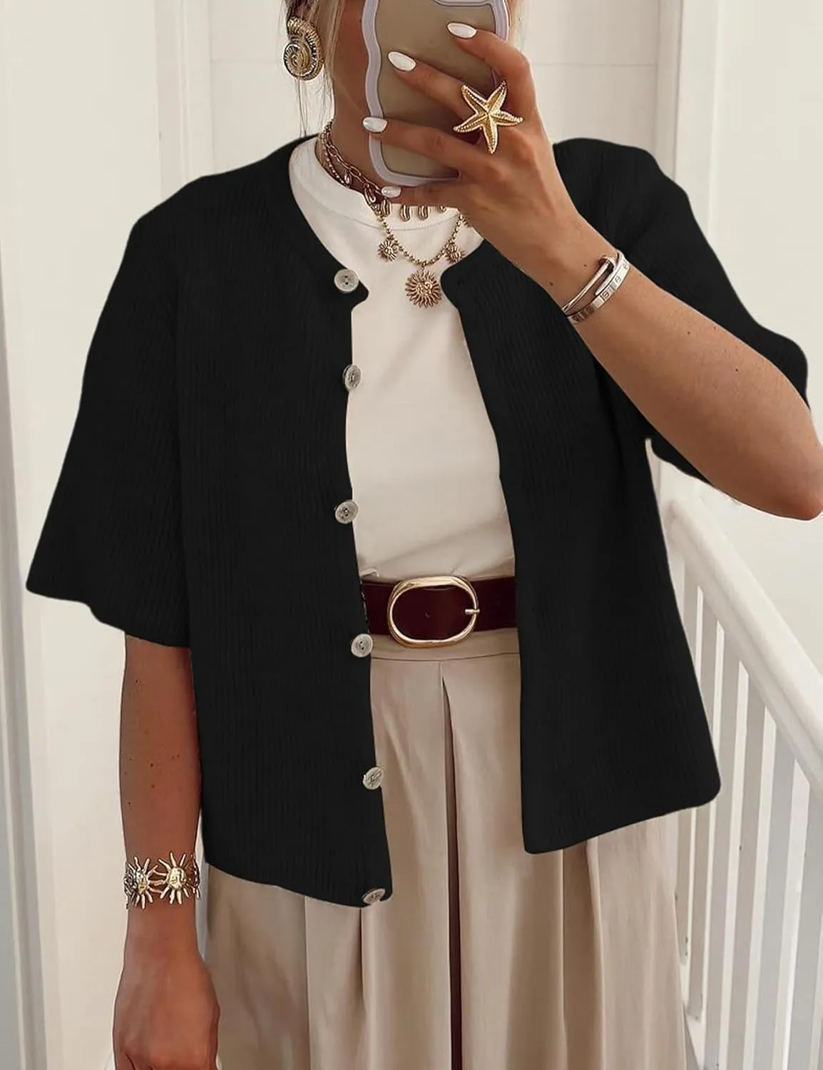 Arssm Women's Knitted Crop Cardigan Y2k Short Sleeve Button Down Cardigan Shirt Ribbed Knit Solid Color Lightweight Outwear