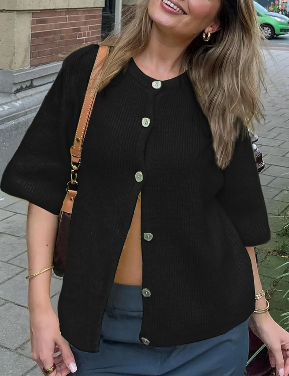 Arssm Women's Knitted Crop Cardigan Y2k Short Sleeve Button Down Cardigan Shirt Ribbed Knit Solid Color Lightweight Outwear