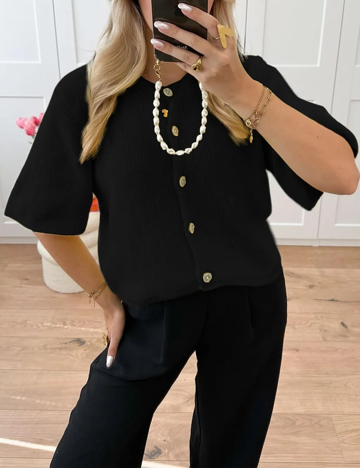 Arssm Women's Knitted Crop Cardigan Y2k Short Sleeve Button Down Cardigan Shirt Ribbed Knit Solid Color Lightweight Outwear