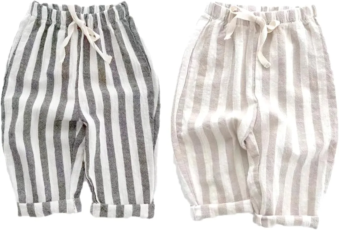 Ashmyova Classic Casual Pants for Boys Thin Cotton Stripe Elastics Waist Spring Summer Trousers Toddler Long Pants 2Pcs