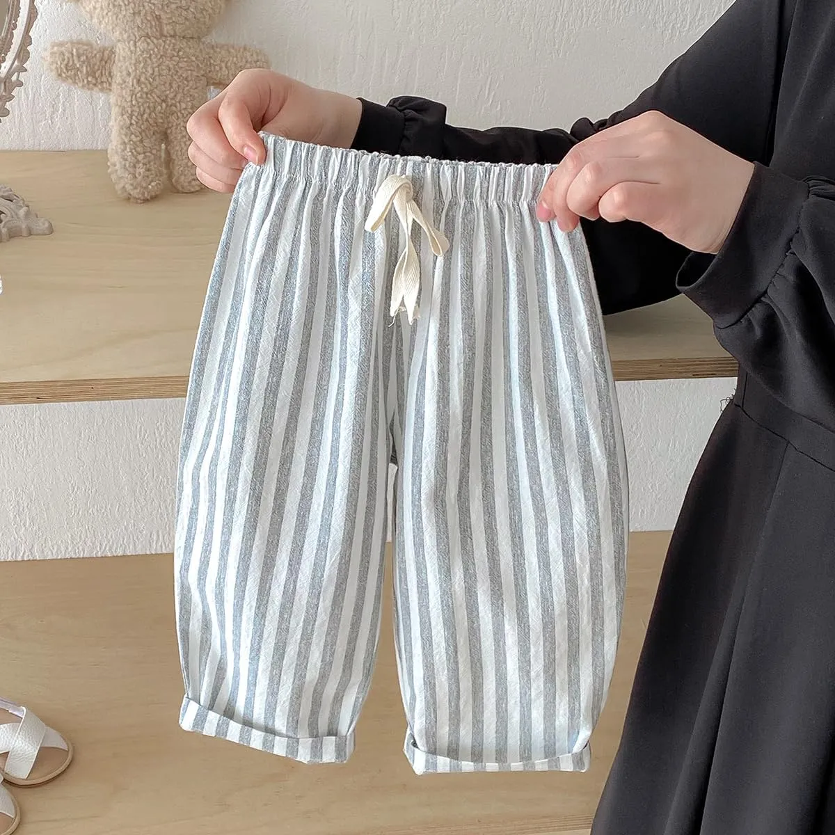 Ashmyova Classic Casual Pants for Boys Thin Cotton Stripe Elastics Waist Spring Summer Trousers Toddler Long Pants 2Pcs