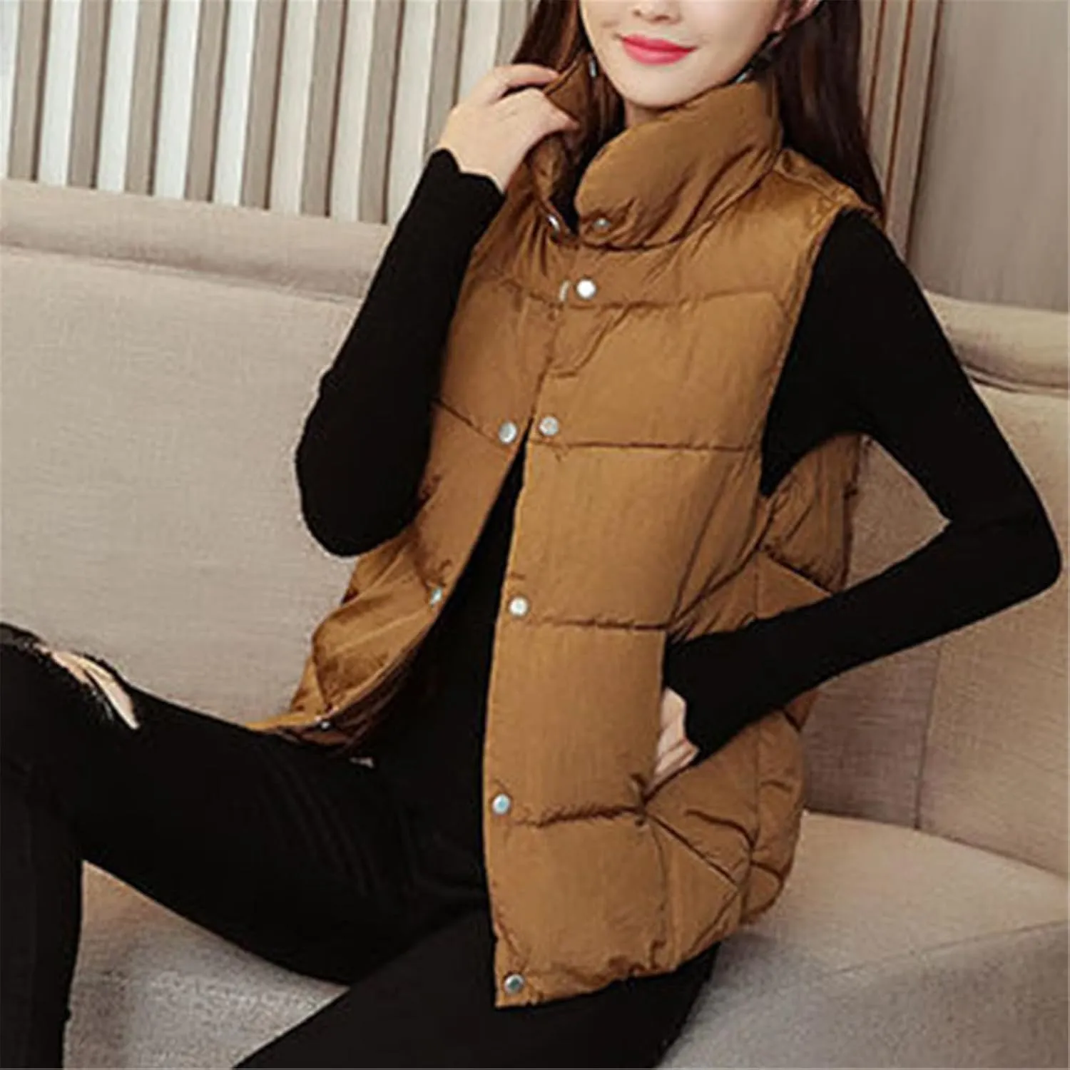 Autumn Winter Womens Down Vest Jackets Casual Sleeveless Stand Collar Women Slim Cotton Padded Waistcoat
