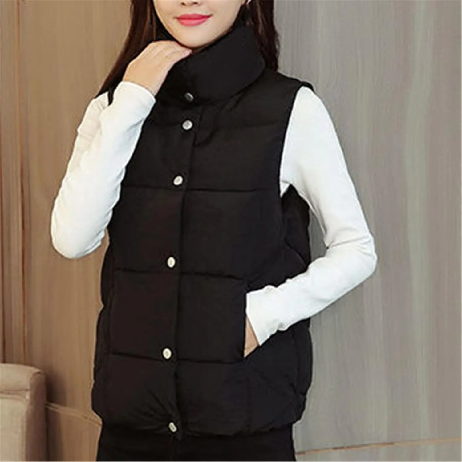 Autumn Winter Womens Down Vest Jackets Casual Sleeveless Stand Collar Women Slim Cotton Padded Waistcoat