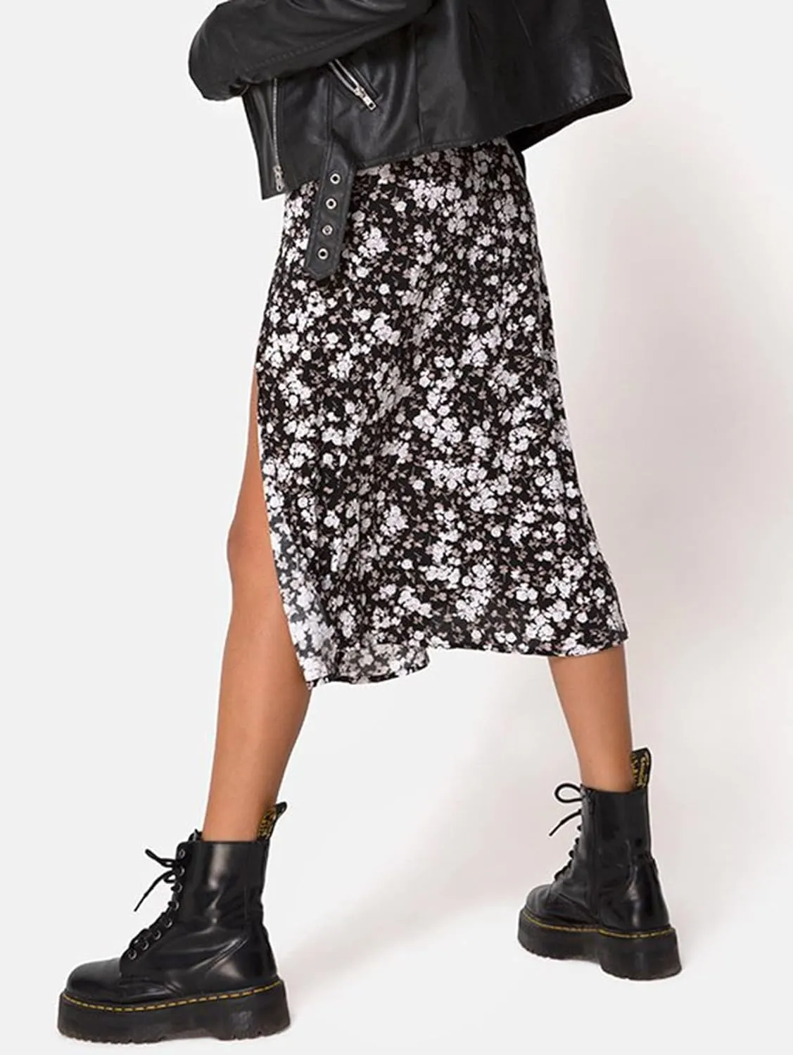 Avanova Women's Boho Leopard Print Thigh High Waist A Line Split Midi Skirt