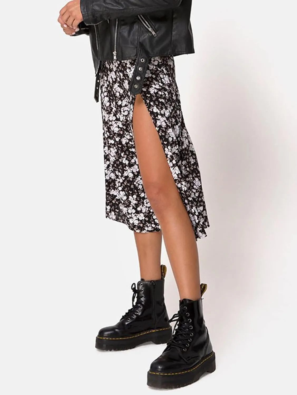 Avanova Women's Boho Leopard Print Thigh High Waist A Line Split Midi Skirt