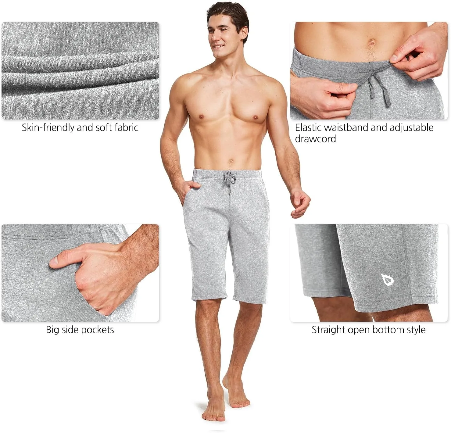 baleaf Men's Long Shorts Cotton Below Knee Yoga Workout Pajama Lounge Athletic Sweat Jersey Shorts with Pockets