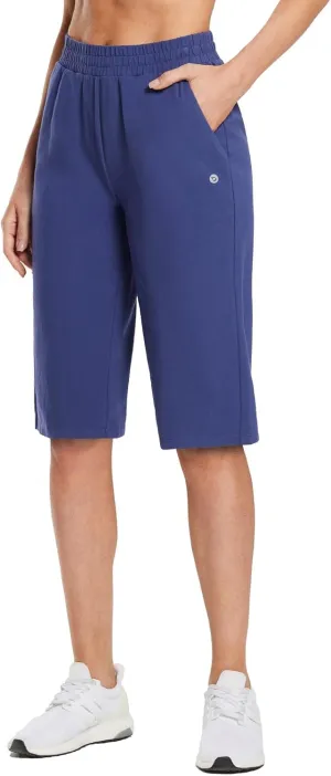 baleaf Women's 15"/17" Cotton Long Shorts Below The Knee with Pockets Drawstring Walking Bermuda Shorts Yoga Capri Pants