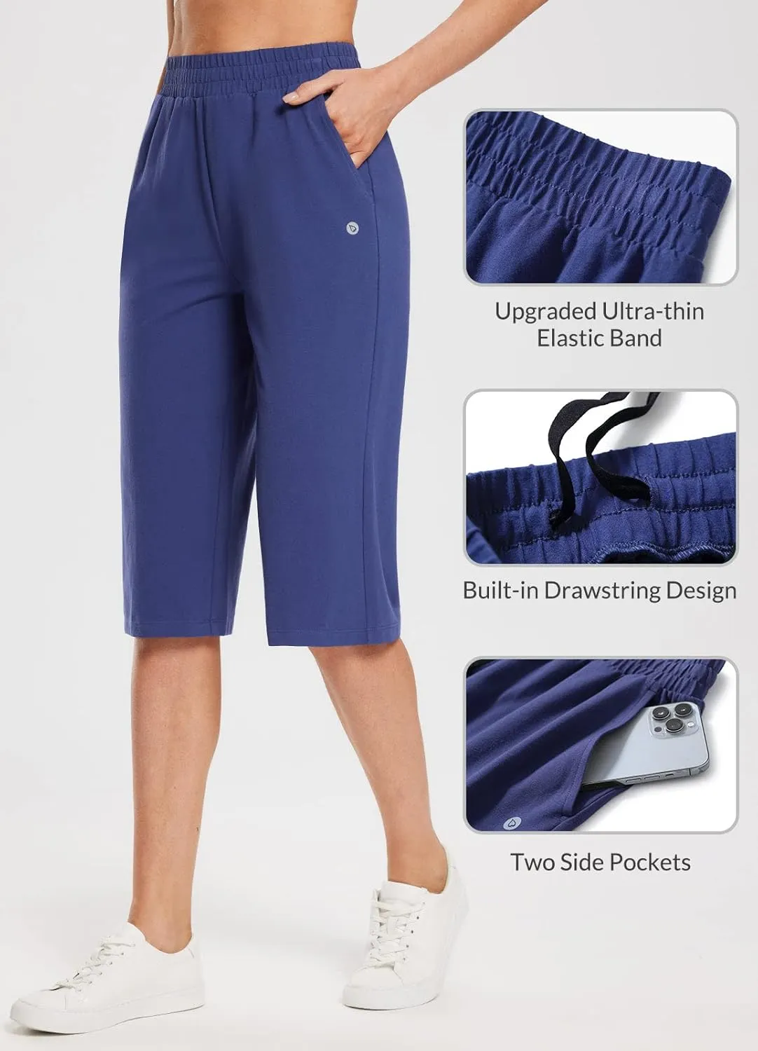baleaf Women's 15"/17" Cotton Long Shorts Below The Knee with Pockets Drawstring Walking Bermuda Shorts Yoga Capri Pants