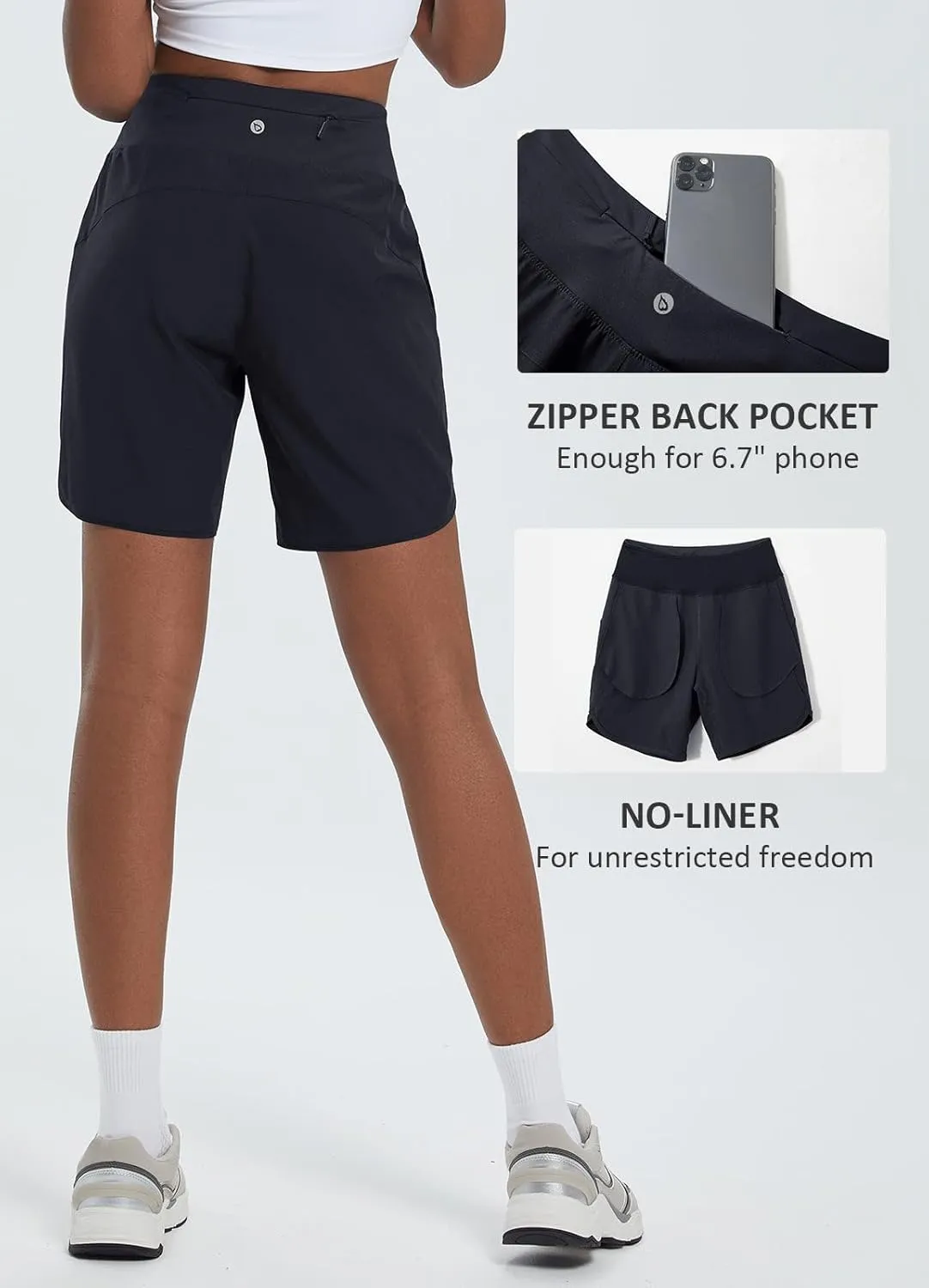 baleaf Women's 7" Athletic Long Running Shorts Workout Gym Quick Dry Hiking Shorts High Waisted Zipper Pocket