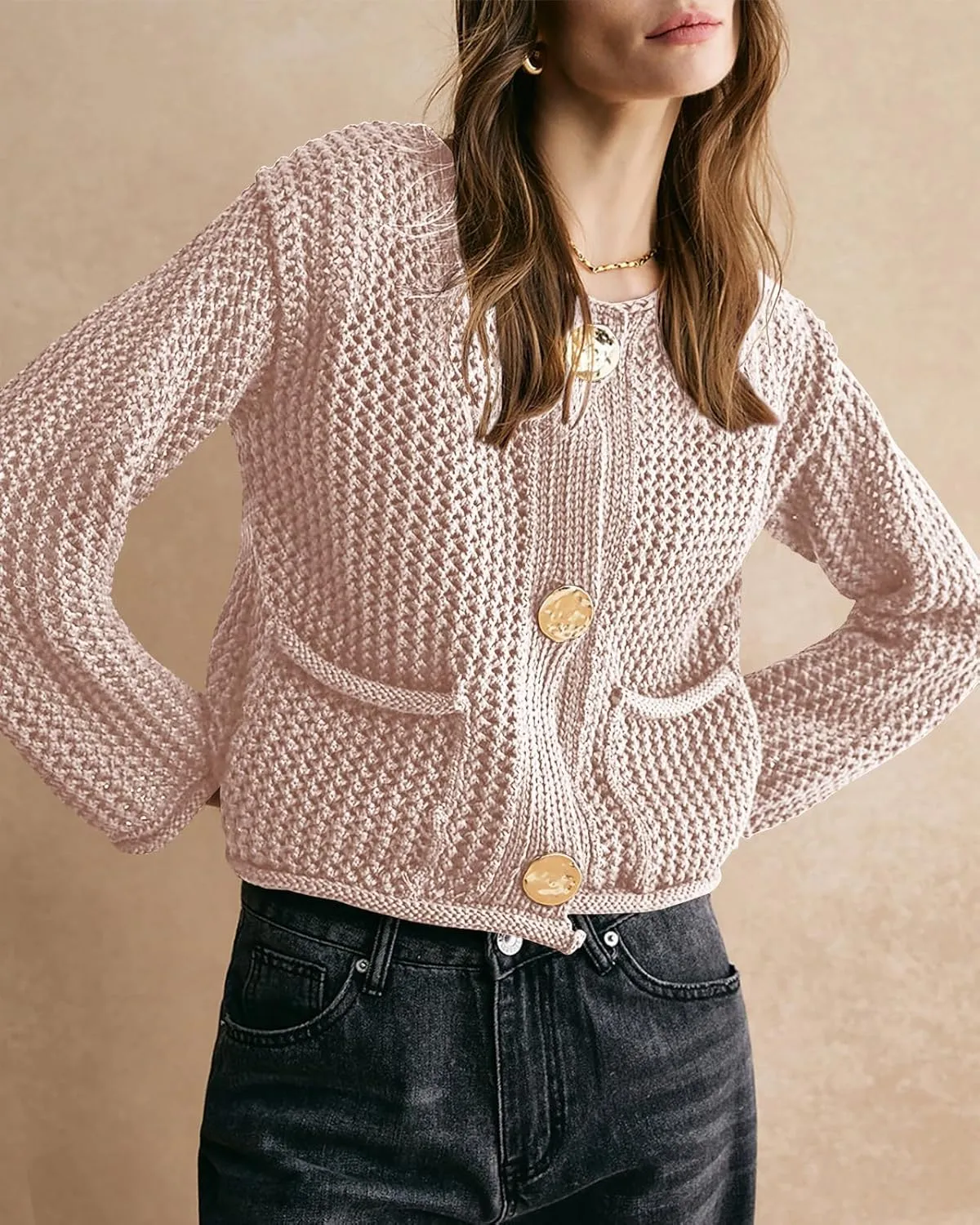 Balimtoy Womens Chunky Cropped Cardigan Long Sleeve Open Front Button Down Loose Cardigan Fall Outerwear with Pockets