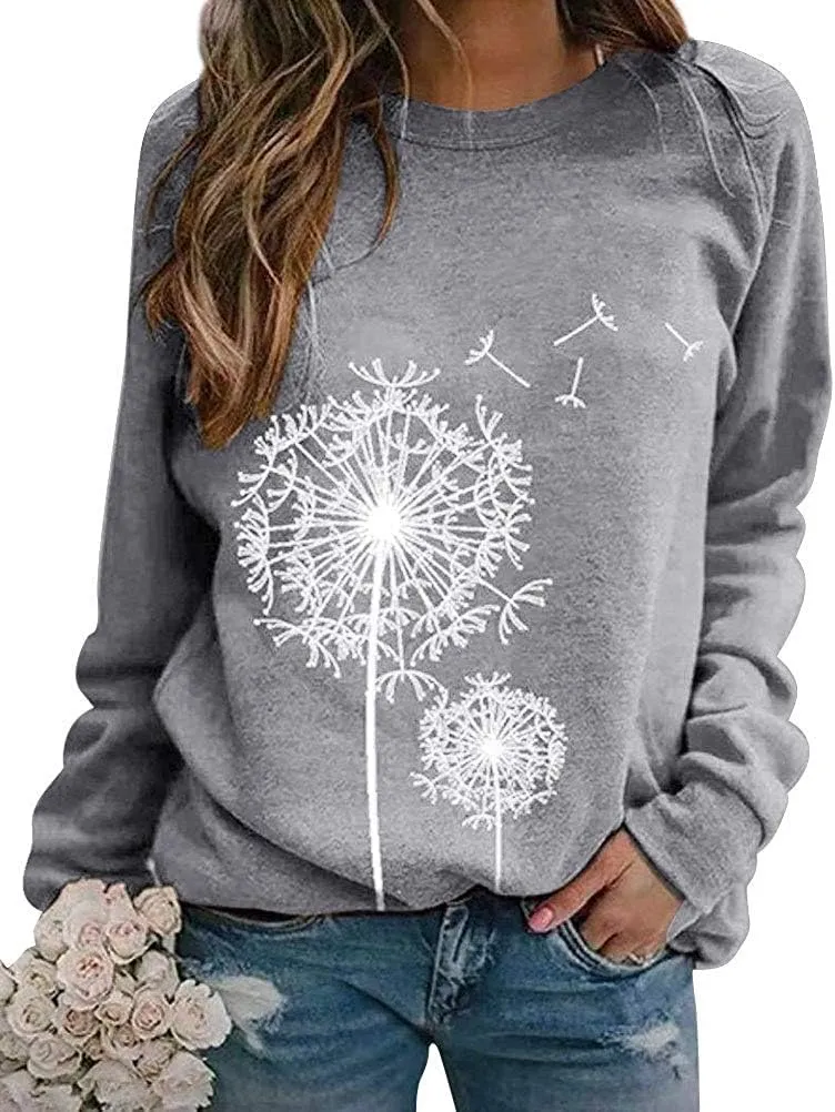 BANGELY Womens Dandelion Sweatshirt Casual Crewneck Loose Pullover Tops Long Sleeve Graphic Tee Shirt Blue