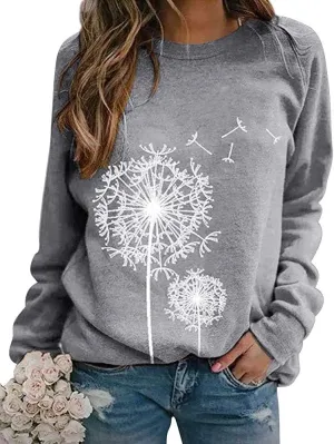 BANGELY Womens Dandelion Sweatshirt Casual Crewneck Loose Pullover Tops Long Sleeve Graphic Tee Shirt Blue