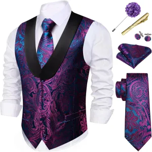 Barry.Wang Mens Paisley Vest Tie Set Silk Jacquard Flower Shawl Collar Suit Waistcoat Tuxedo 6PC Wedding Party