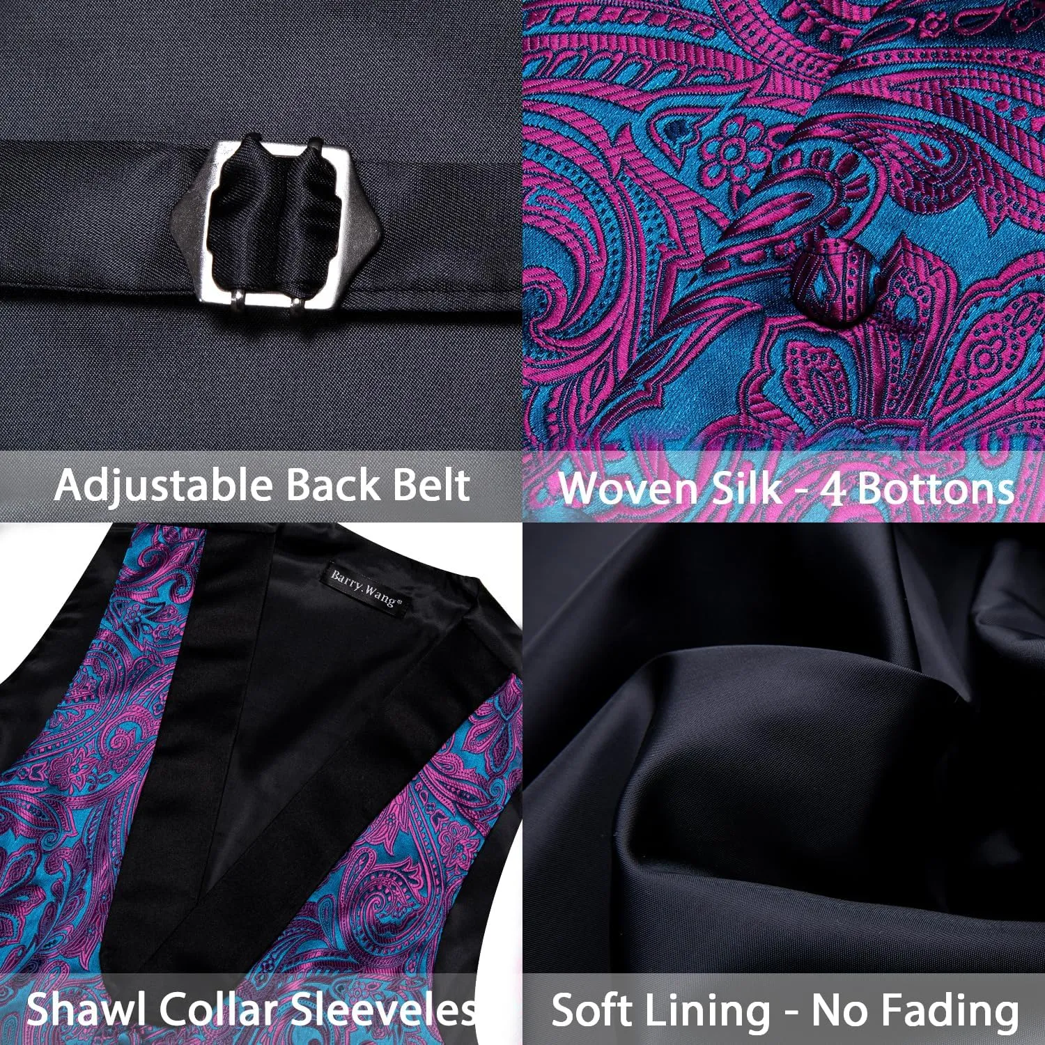 Barry.Wang Mens Paisley Vest Tie Set Silk Jacquard Flower Shawl Collar Suit Waistcoat Tuxedo 6PC Wedding Party