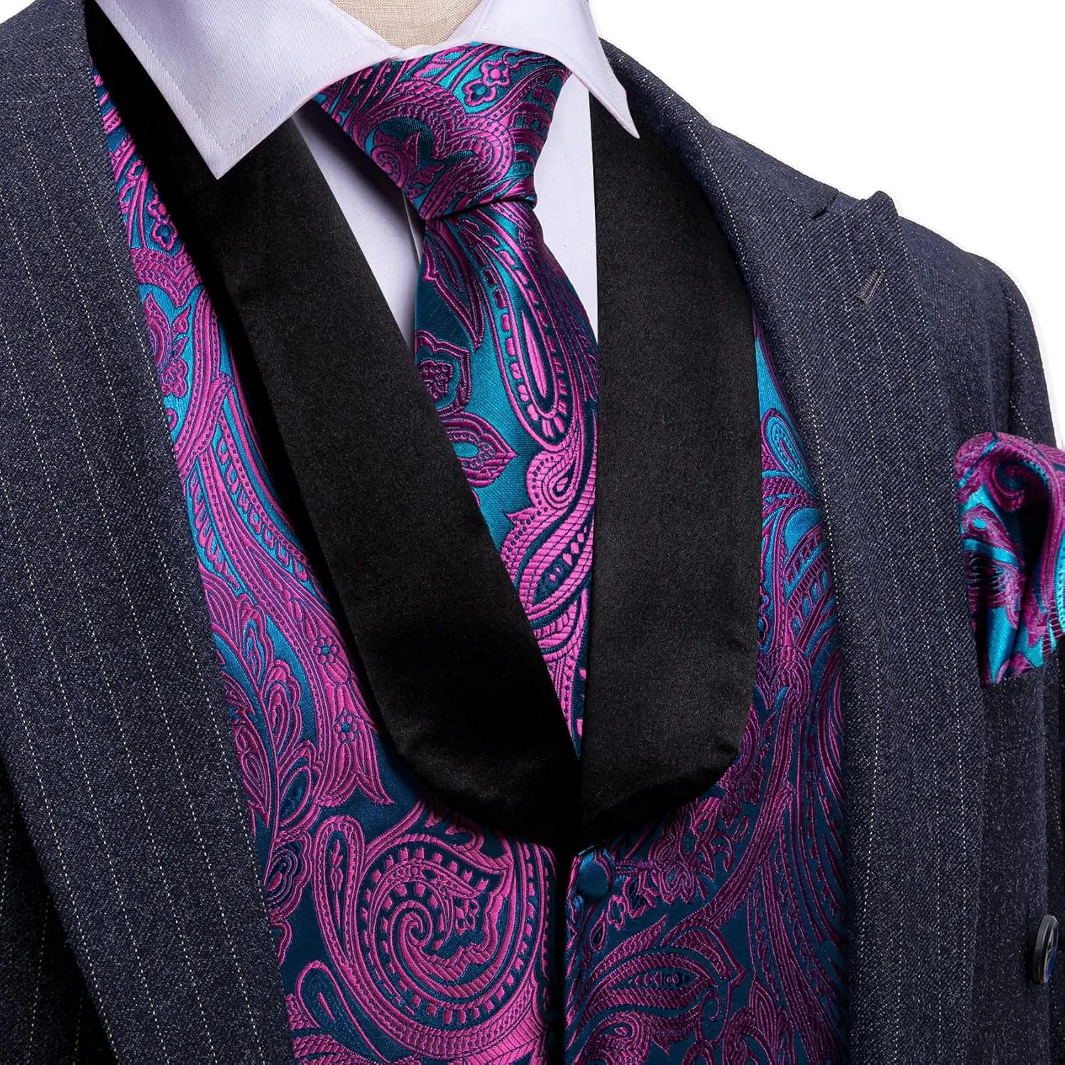 Barry.Wang Mens Paisley Vest Tie Set Silk Jacquard Flower Shawl Collar Suit Waistcoat Tuxedo 6PC Wedding Party