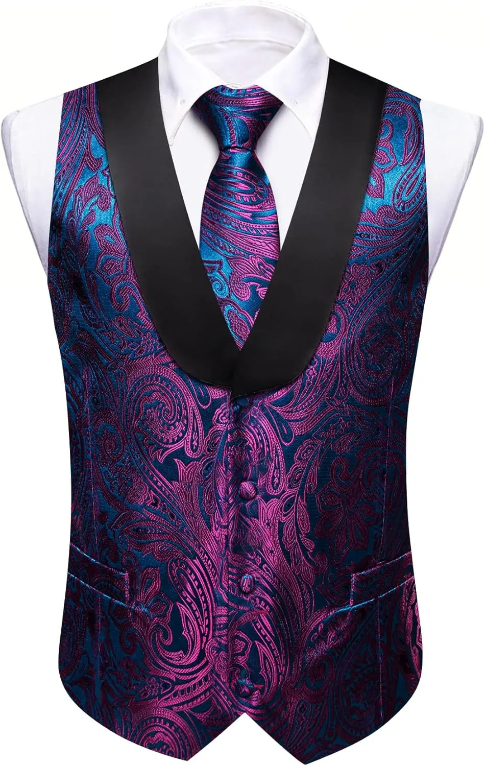 Barry.Wang Mens Paisley Vest Tie Set Silk Jacquard Flower Shawl Collar Suit Waistcoat Tuxedo 6PC Wedding Party