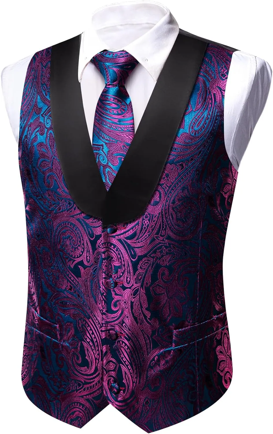 Barry.Wang Mens Paisley Vest Tie Set Silk Jacquard Flower Shawl Collar Suit Waistcoat Tuxedo 6PC Wedding Party