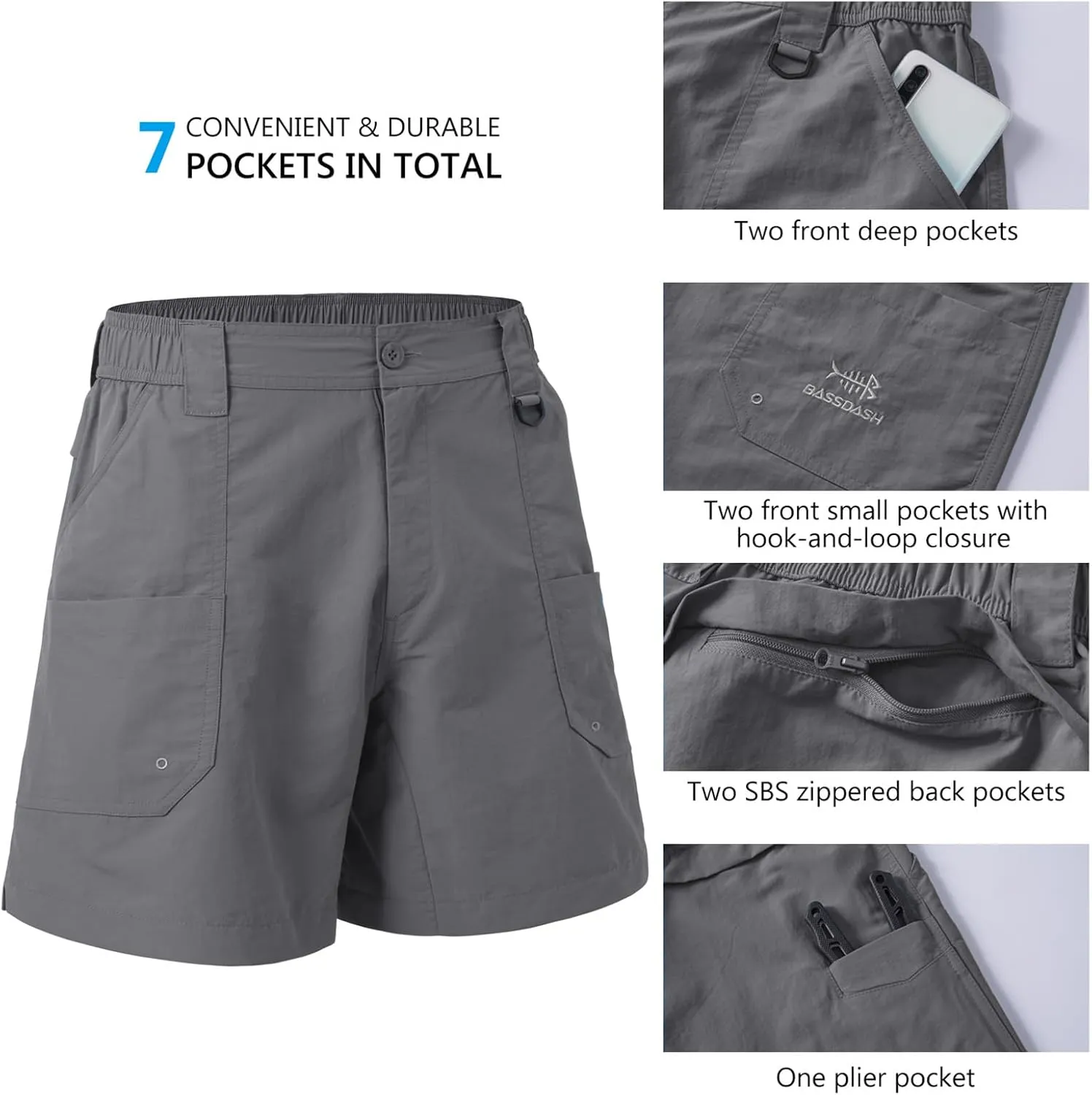 BASSDASH Men's 6" Fishing Shorts UPF 50  Water Resistant Quick Dry Hiking Cargo Shorts with Multi Pocket