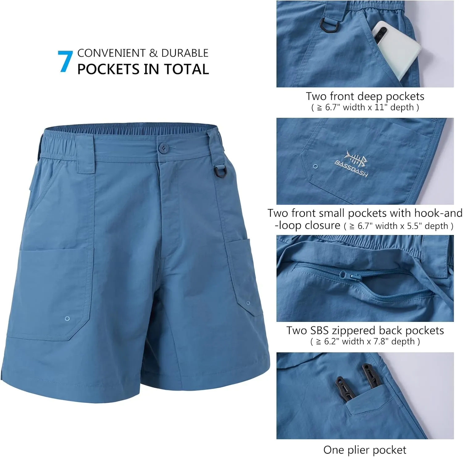 BASSDASH Men's 6" Fishing Shorts UPF 50  Water Resistant Quick Dry Hiking Cargo Shorts with Multi Pocket