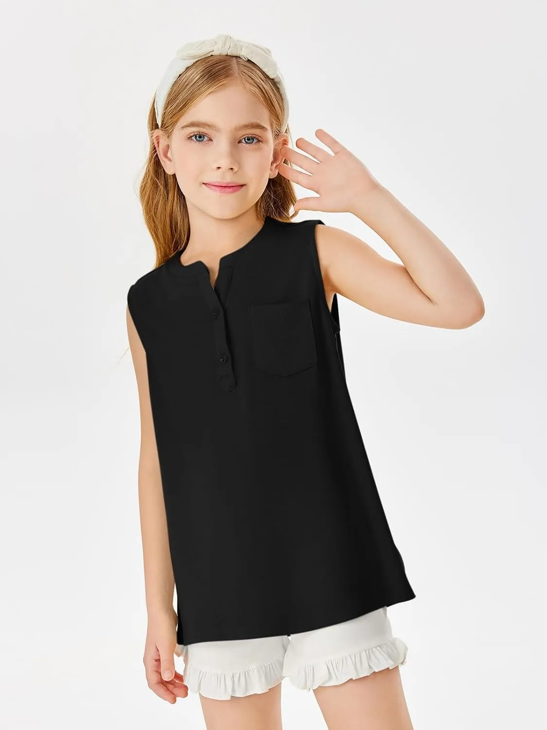 Batermoon Girls Tank Top Summer Cute Sleeveless T Shirt for Teen Henley Ribbed Button Casual Tee Blouse