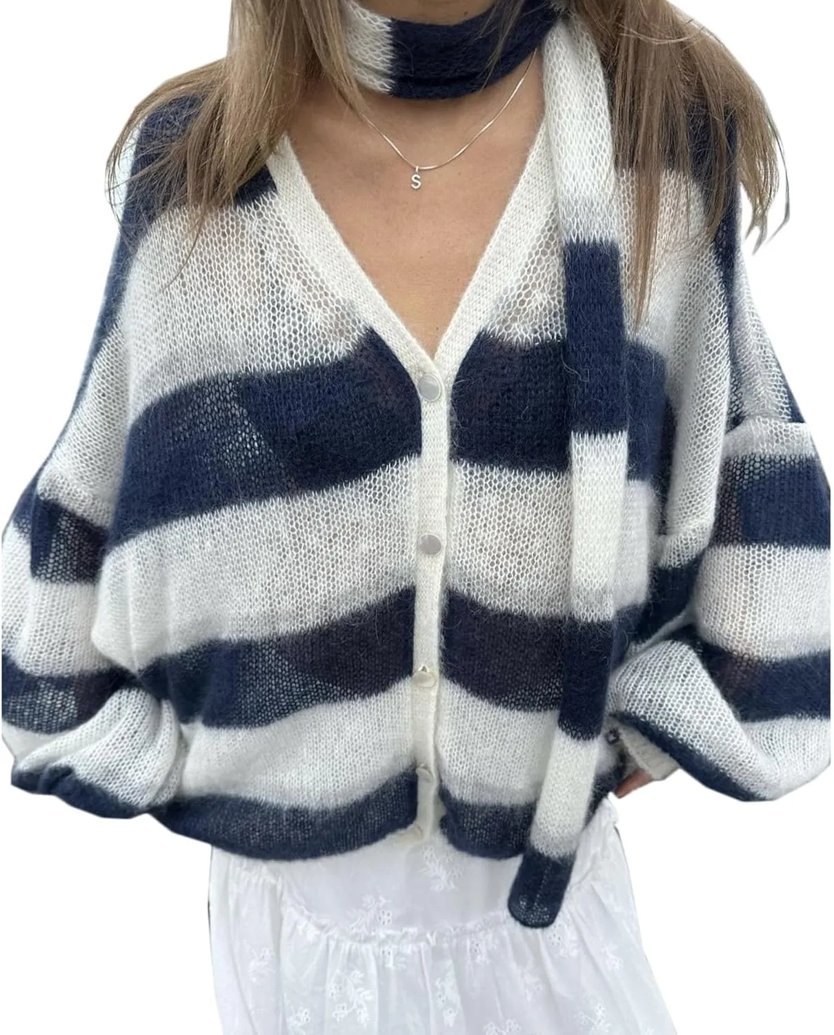 Bell Sleeves Striped Cardigans Trendy Y2k Outerwear Cute Sweater Cardigan Coquette Oversized Knit Scarf Cardigans