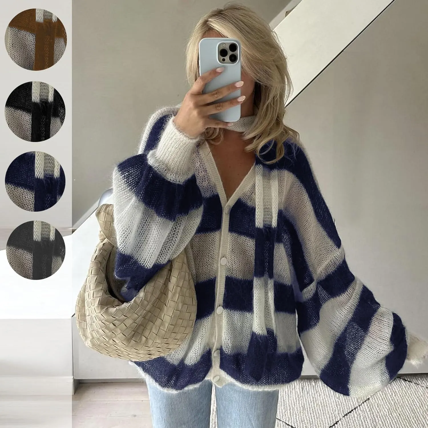 Bell Sleeves Striped Cardigans Trendy Y2k Outerwear Cute Sweater Cardigan Coquette Oversized Knit Scarf Cardigans