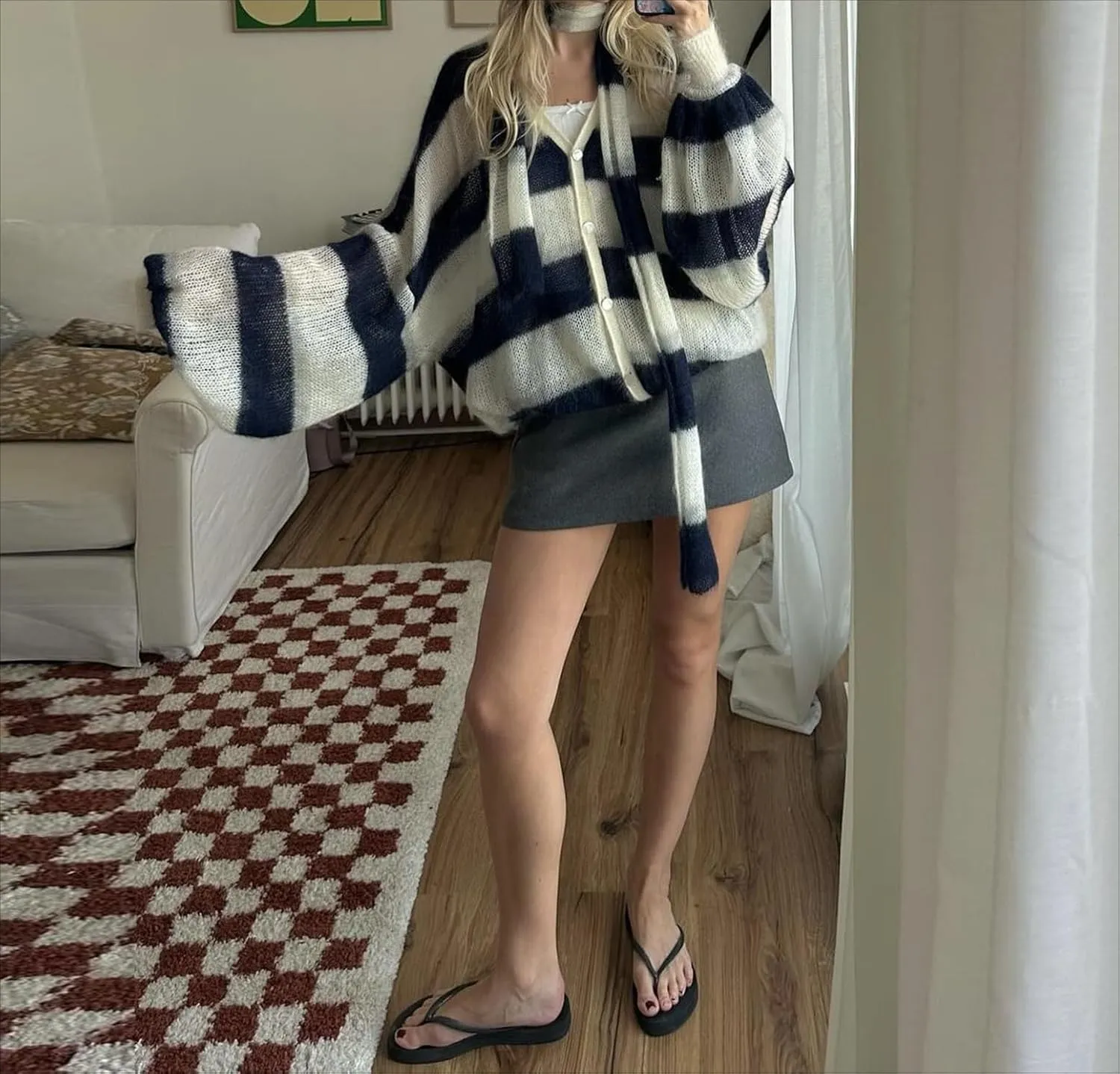 Bell Sleeves Striped Cardigans Trendy Y2k Outerwear Cute Sweater Cardigan Coquette Oversized Knit Scarf Cardigans