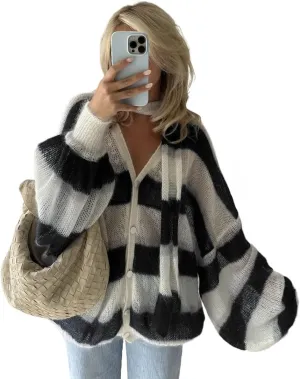 Bell Sleeves Striped Cardigans Trendy Y2k Outerwear Cute Sweater Cardigan Coquette Oversized Knit Scarf Cardigans