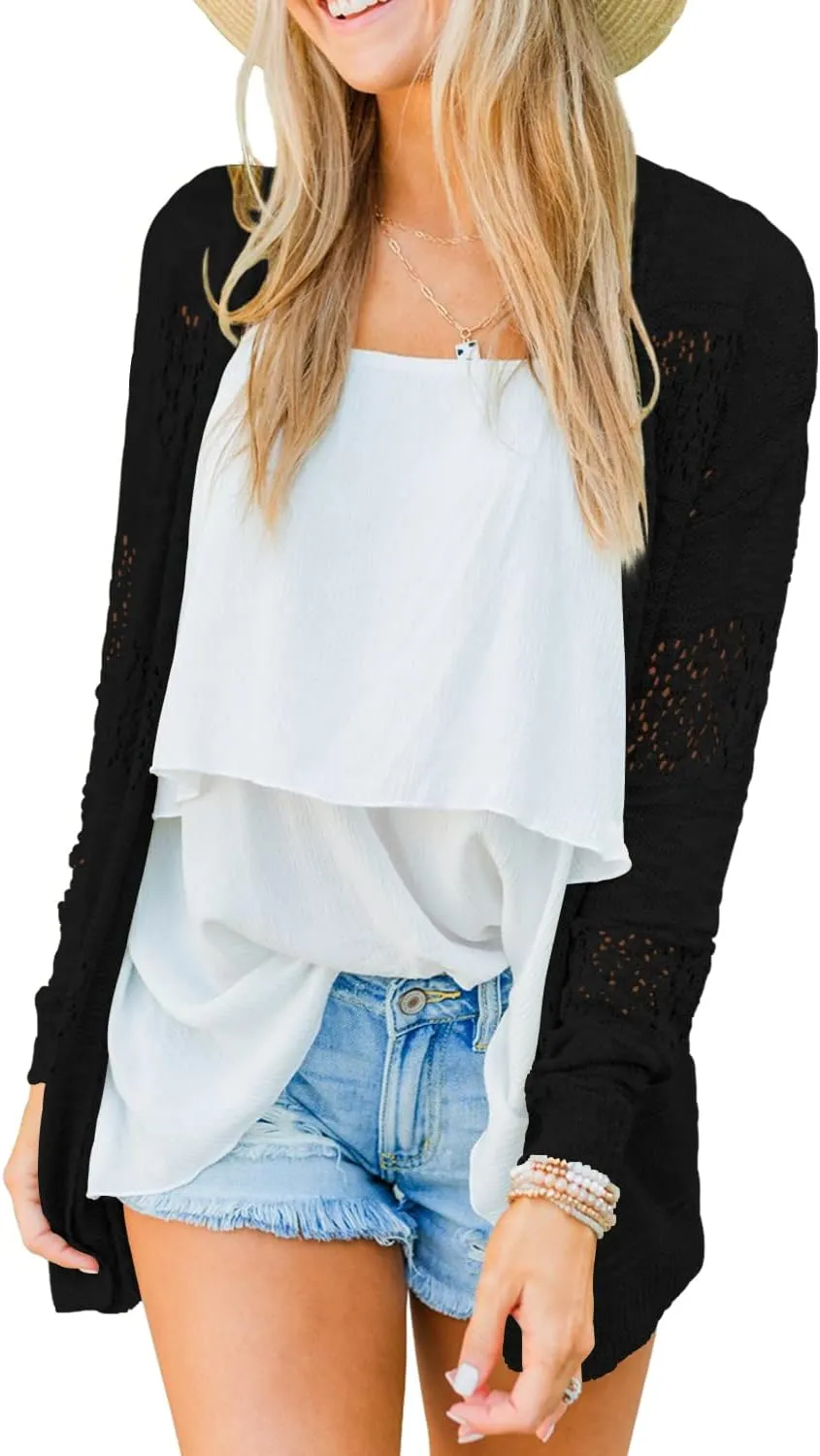 BESFLY Women's Knit-Cardigan Open Front Cardigan Sweater Casual Long Sleeve Mesh Crochet Coat