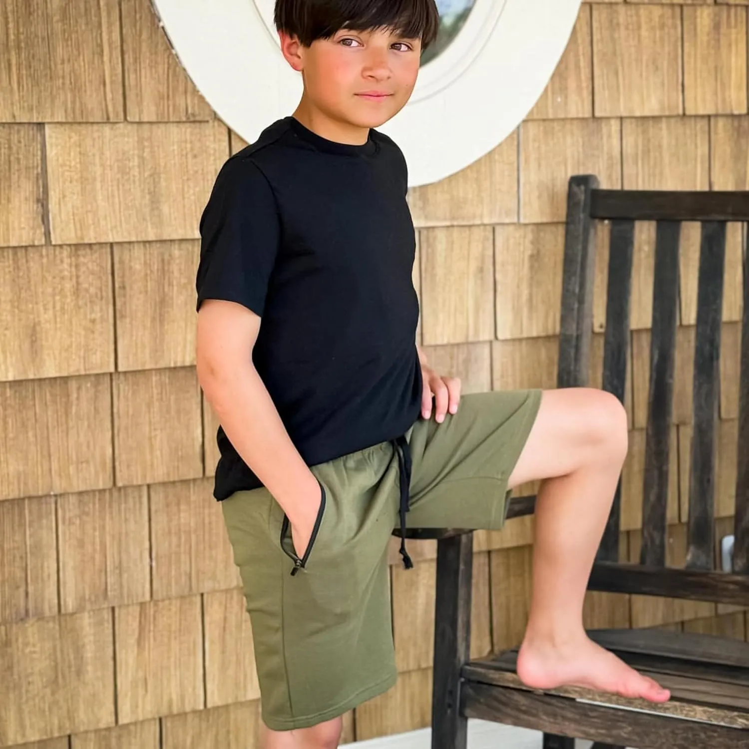 BIG ELEPHANT Kids Casual Shorts with Zipper Pockets and Drawsting, Youth Boys Athletic Shorts for Running Playing