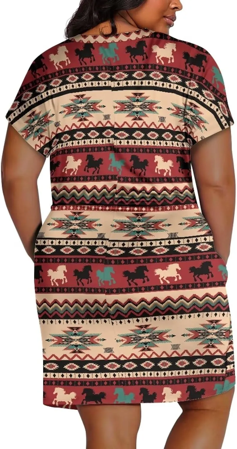 Biyejit Womens Plus Size Short Sleeve V Neck T-Shirt Dress with Pockets Casual Loose T-Shirt Dress for Beach Vacation