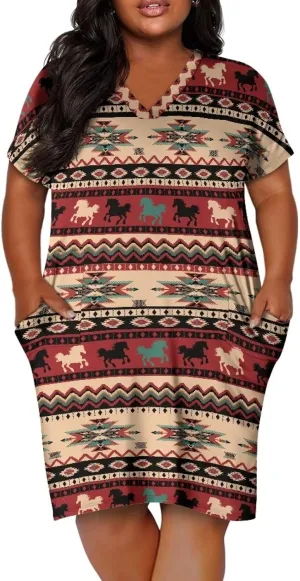 Biyejit Womens Plus Size Short Sleeve V Neck T-Shirt Dress with Pockets Casual Loose T-Shirt Dress for Beach Vacation