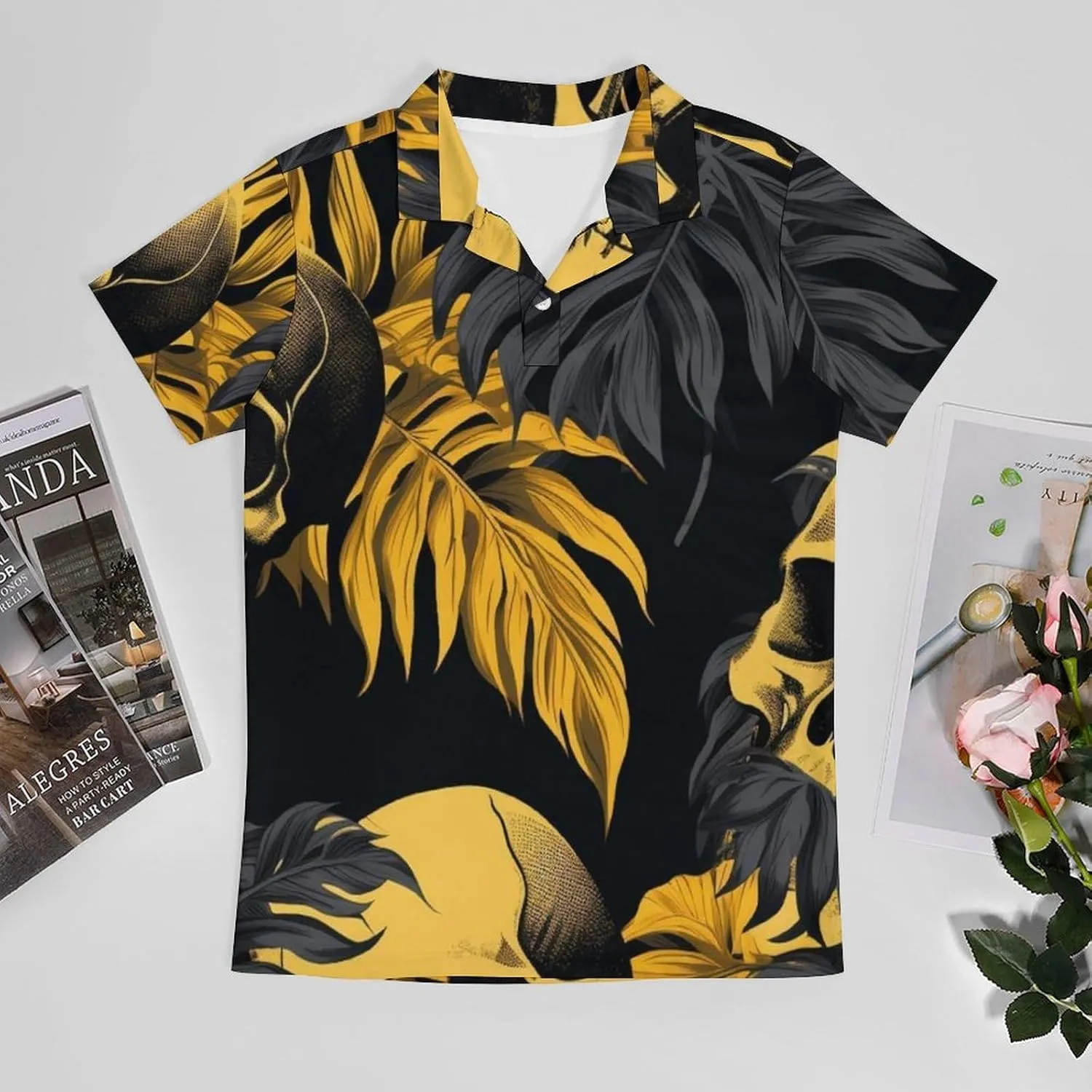 Blue Yellow Floral Rose Pattern Men's Short Sleeve Classic Fit Performance Moisture Wicking Polo (Available in Big & Tall)
