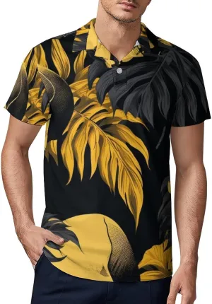 Blue Yellow Floral Rose Pattern Men's Short Sleeve Classic Fit Performance Moisture Wicking Polo (Available in Big & Tall)