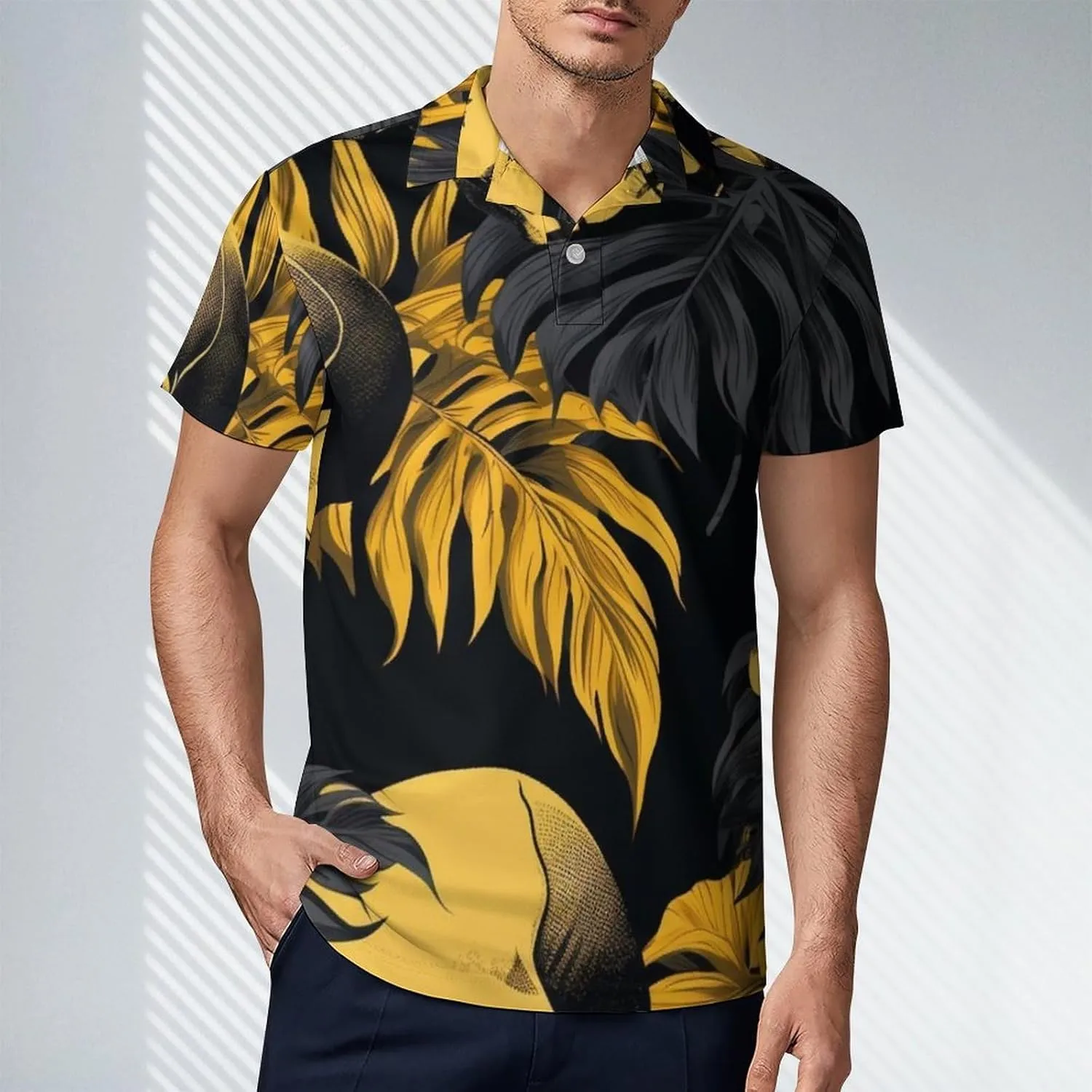Blue Yellow Floral Rose Pattern Men's Short Sleeve Classic Fit Performance Moisture Wicking Polo (Available in Big & Tall)