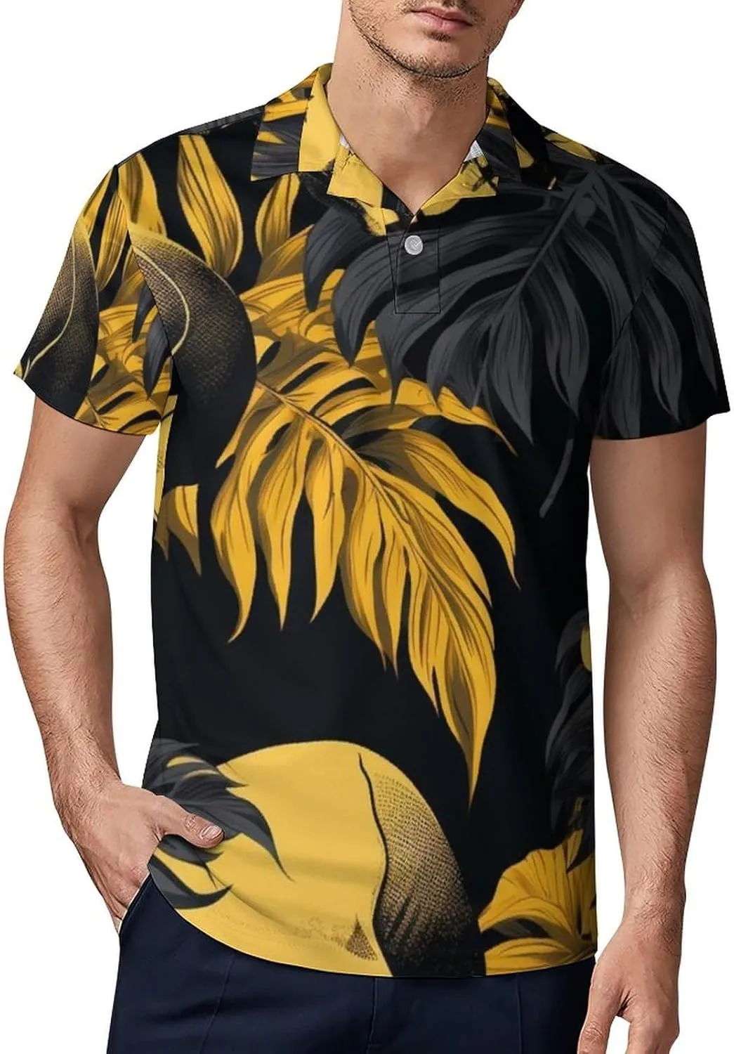 Blue Yellow Floral Rose Pattern Men's Short Sleeve Classic Fit Performance Moisture Wicking Polo (Available in Big & Tall)