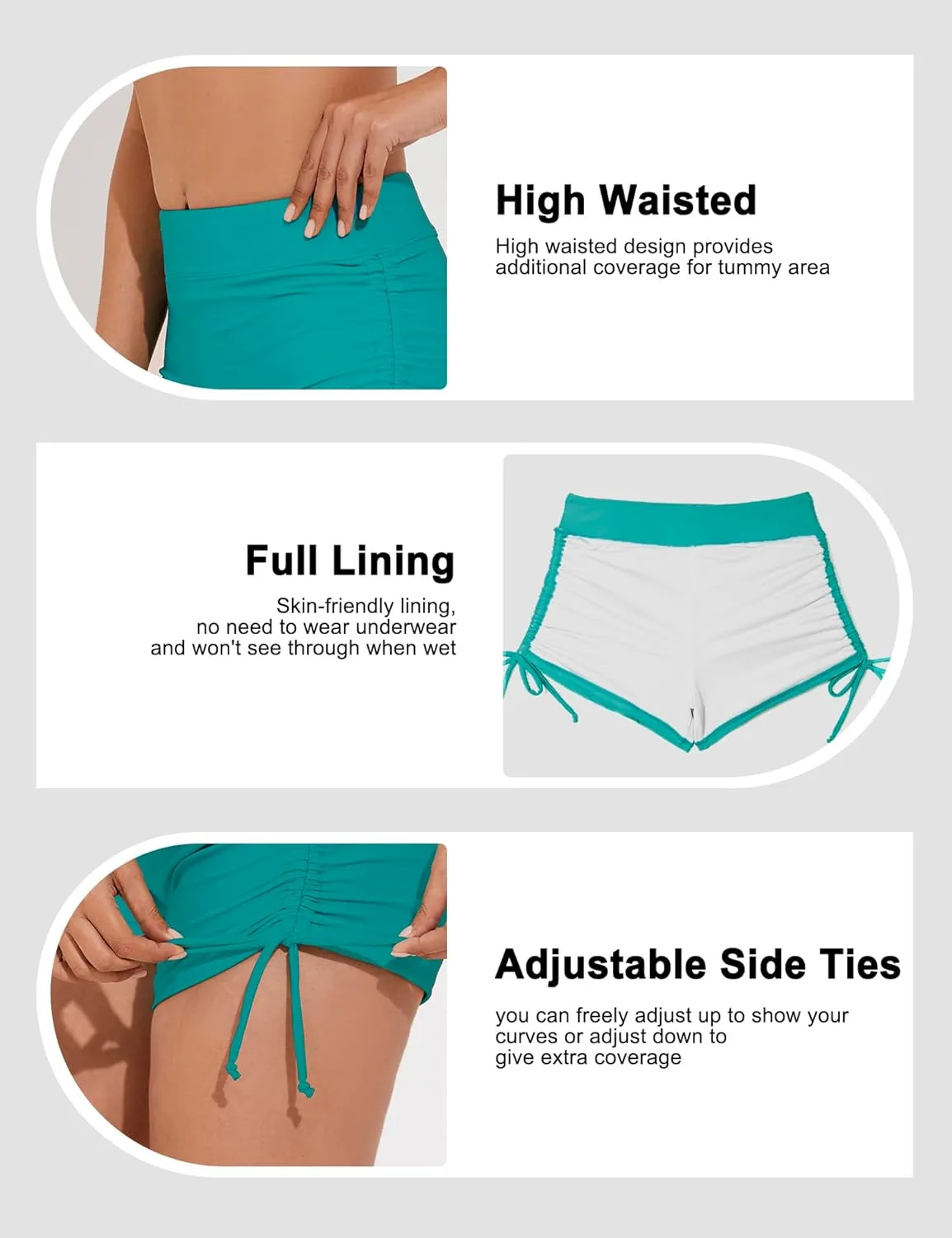 Bonneuitbebe Women's Swim Shorts High Waist Swimsuit Bottoms Adjustable Side Tie Bathing Suit Boyshorts Bikini Board Shorts
