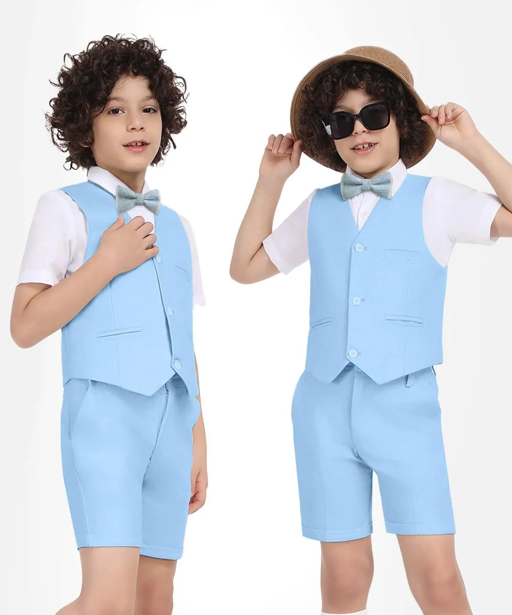 Boys Formal Linen Suit 4 Pieces Shirt,Vest, Pants and Tie Dresswear Suit Set