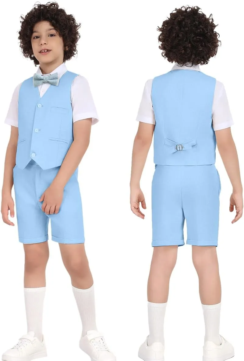 Boys Formal Linen Suit 4 Pieces Shirt,Vest, Pants and Tie Dresswear Suit Set