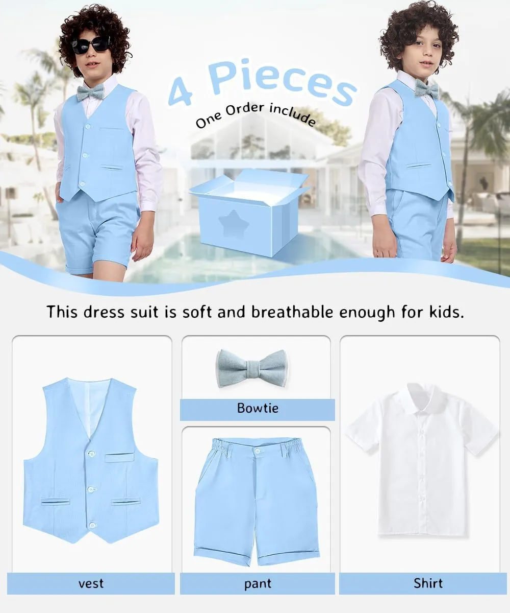 Boys Formal Linen Suit 4 Pieces Shirt,Vest, Pants and Tie Dresswear Suit Set