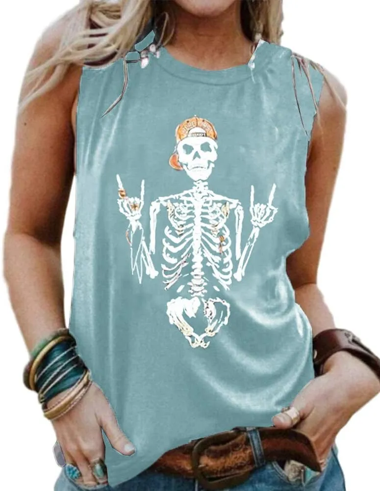 BRUBOBO Womens Funny Skull Graphic Tank Tops Summer High Neck Sleeveless Workout Tee Shirts