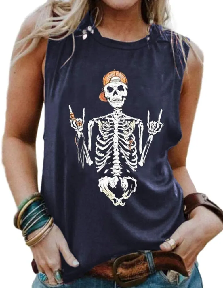 BRUBOBO Womens Funny Skull Graphic Tank Tops Summer High Neck Sleeveless Workout Tee Shirts